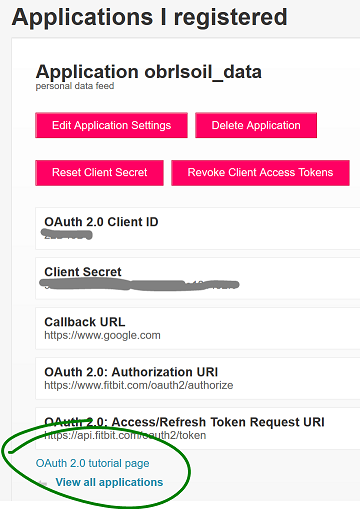 screenshot of the registered app, with the link to the OAuth 2 tutorial highlighted