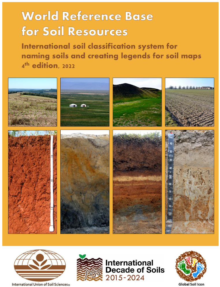 An image of the cover of the World Reference Base for Soil Resources, 4th edition, showing pictures of soils and landscapes from around the world.